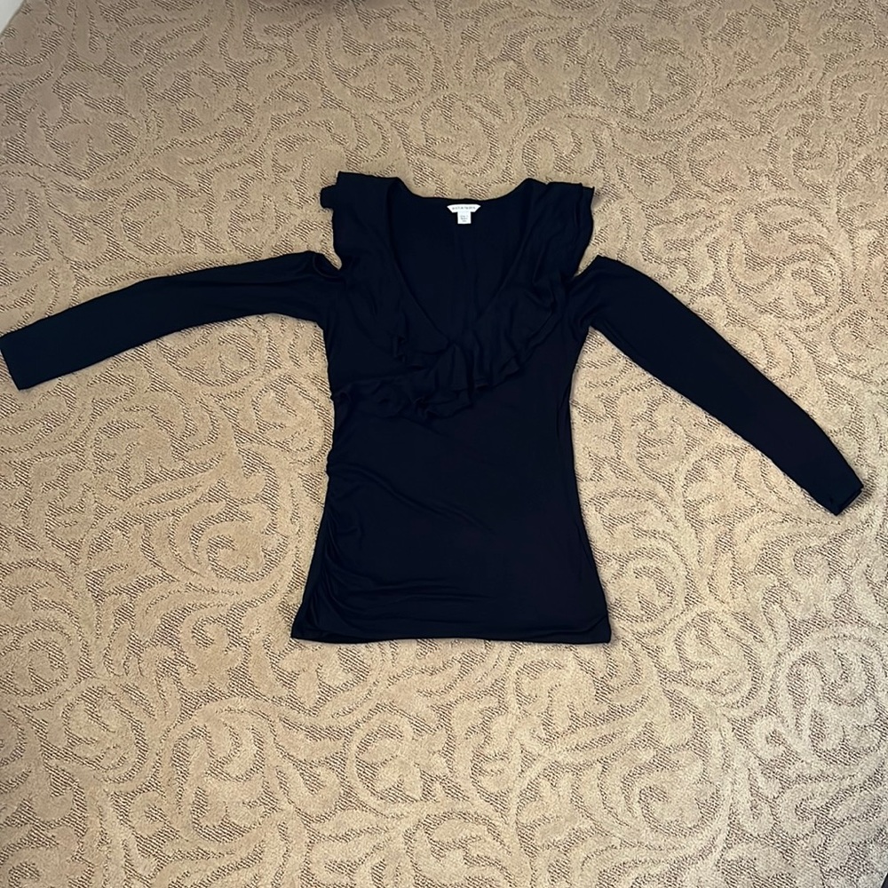 Boston Proper black cold shoulder ruffle top. 95% rayon,5% spandex.Size small.